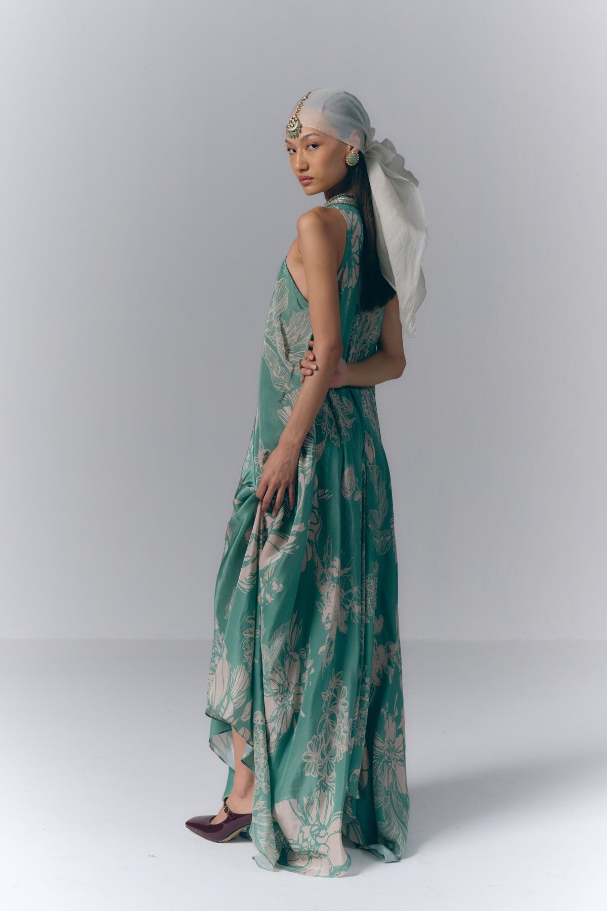 Aqua Whisper Printed Long Dress