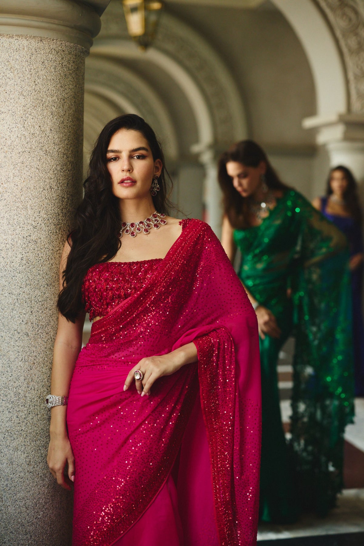Red On Red Draped Saree Set