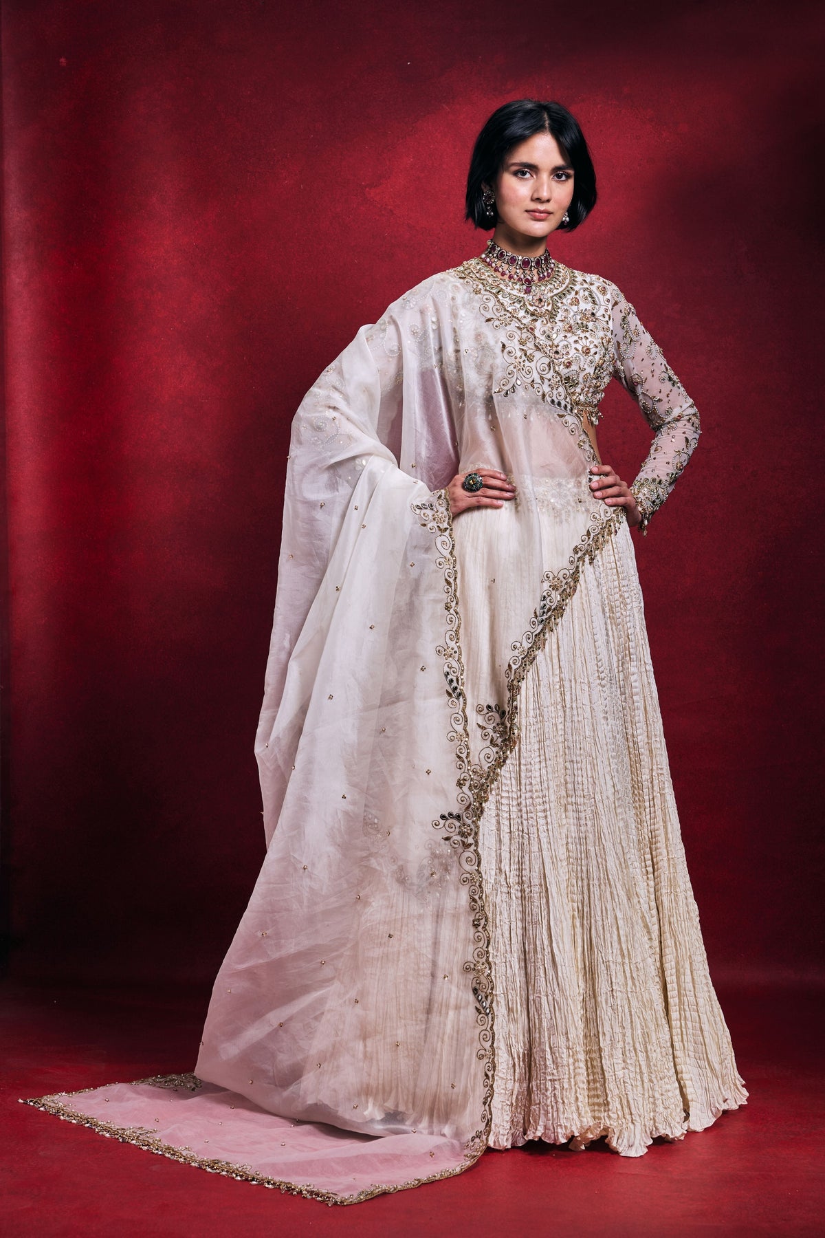 Ivory Crushed Lehenga Set