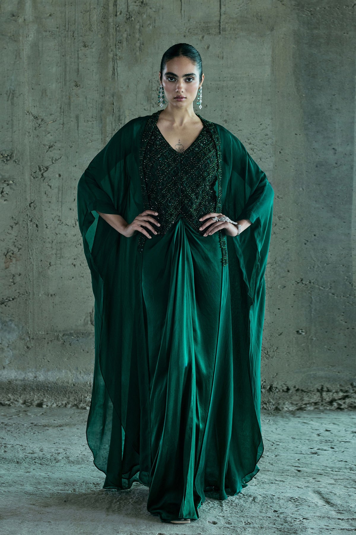 Emerald Crystal Jacket Set With Cape