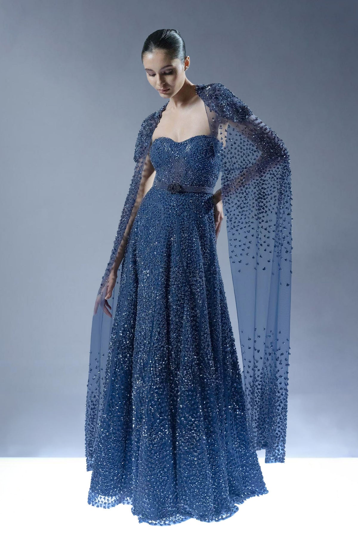 Royal Sapphire Embellished Gown with Cape