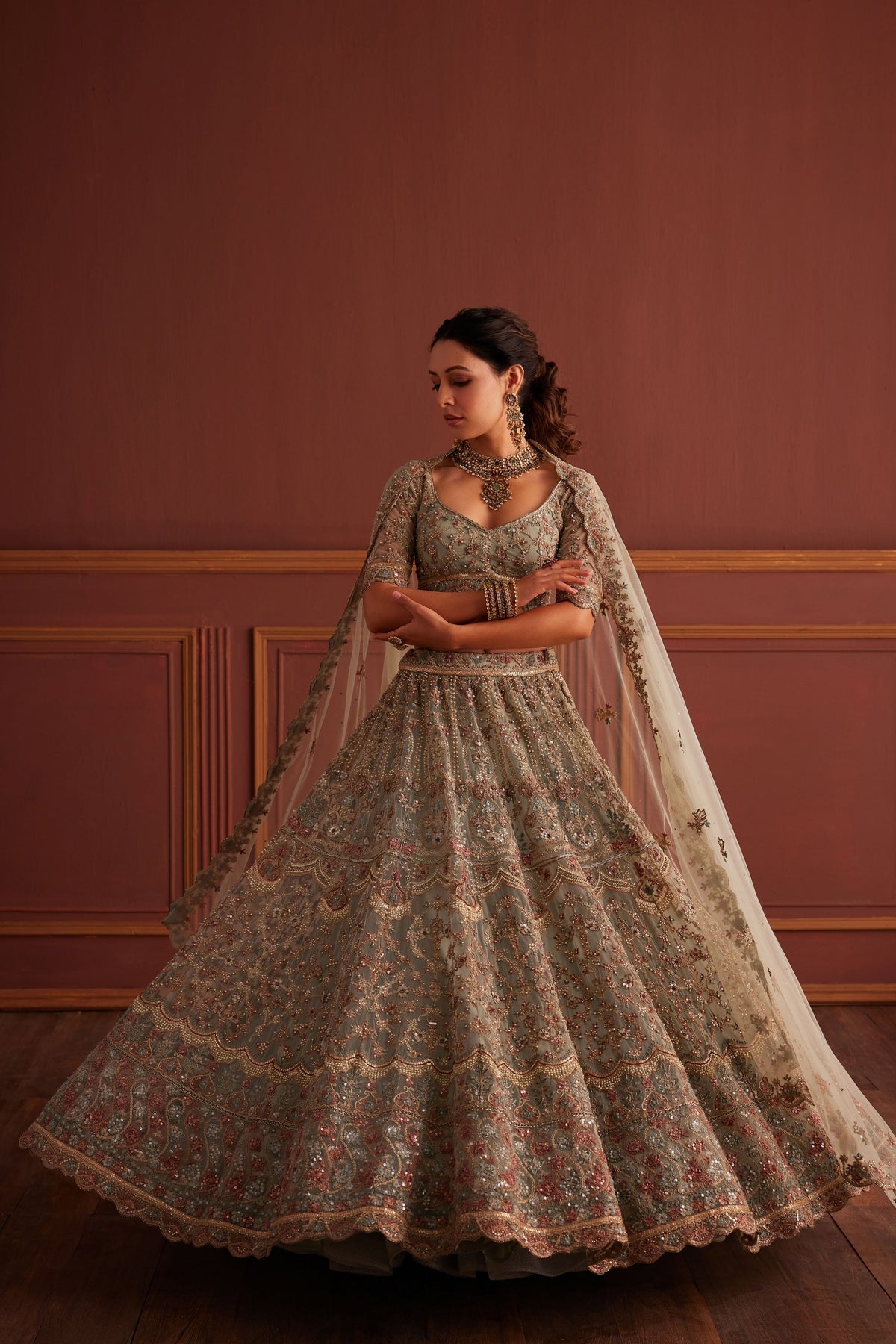 Sage Green Resham Embellished Lehenga