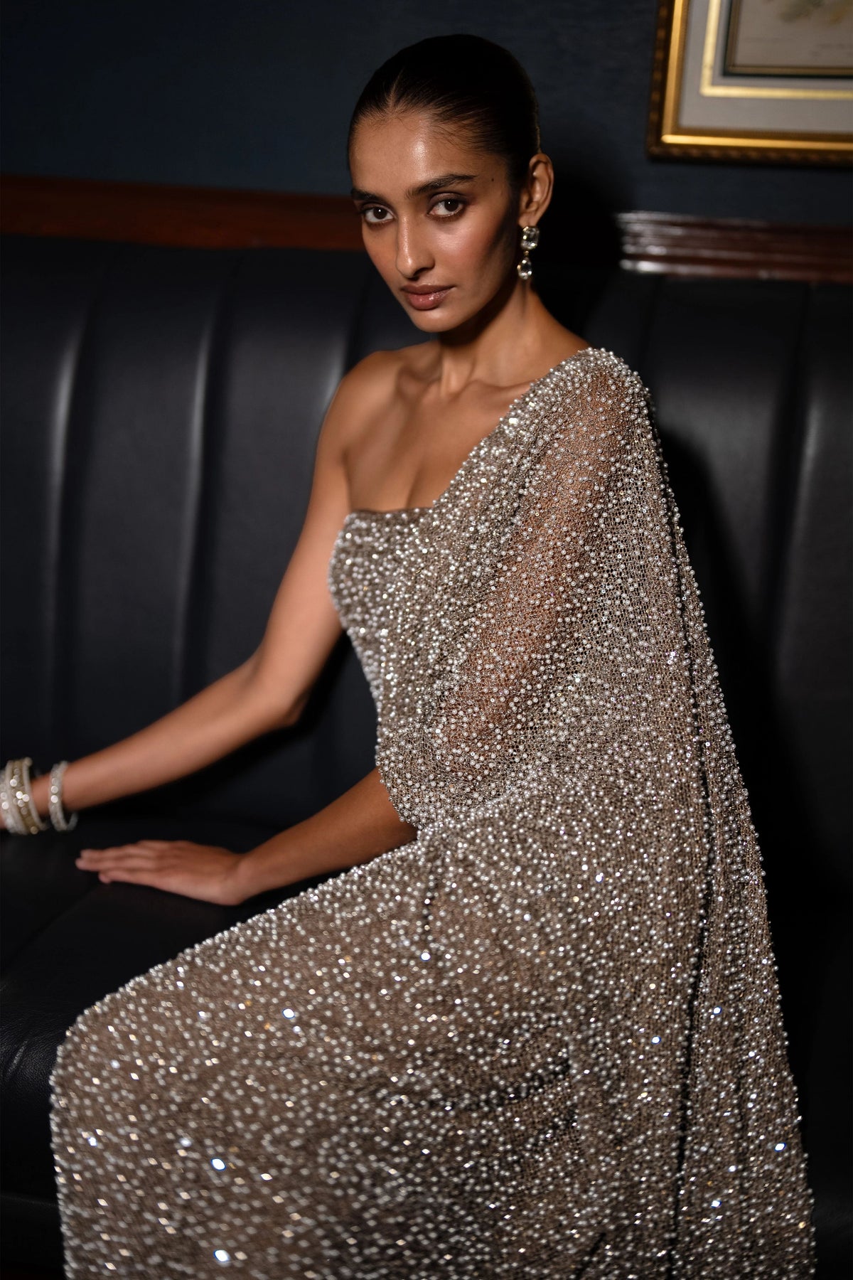 Sequin-Pearl Sari Drape Gown