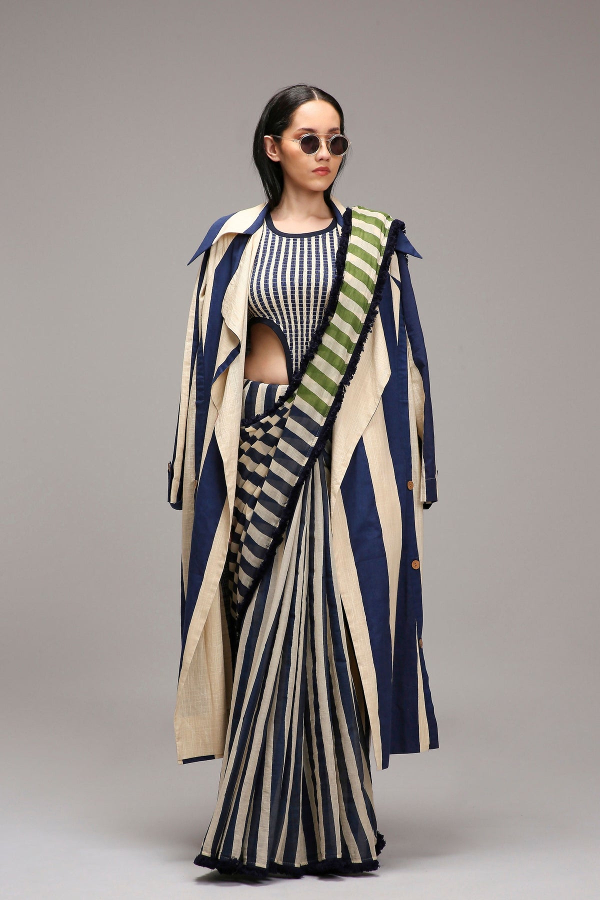 Egg-shell Bodysuit & Dual Striped Saree