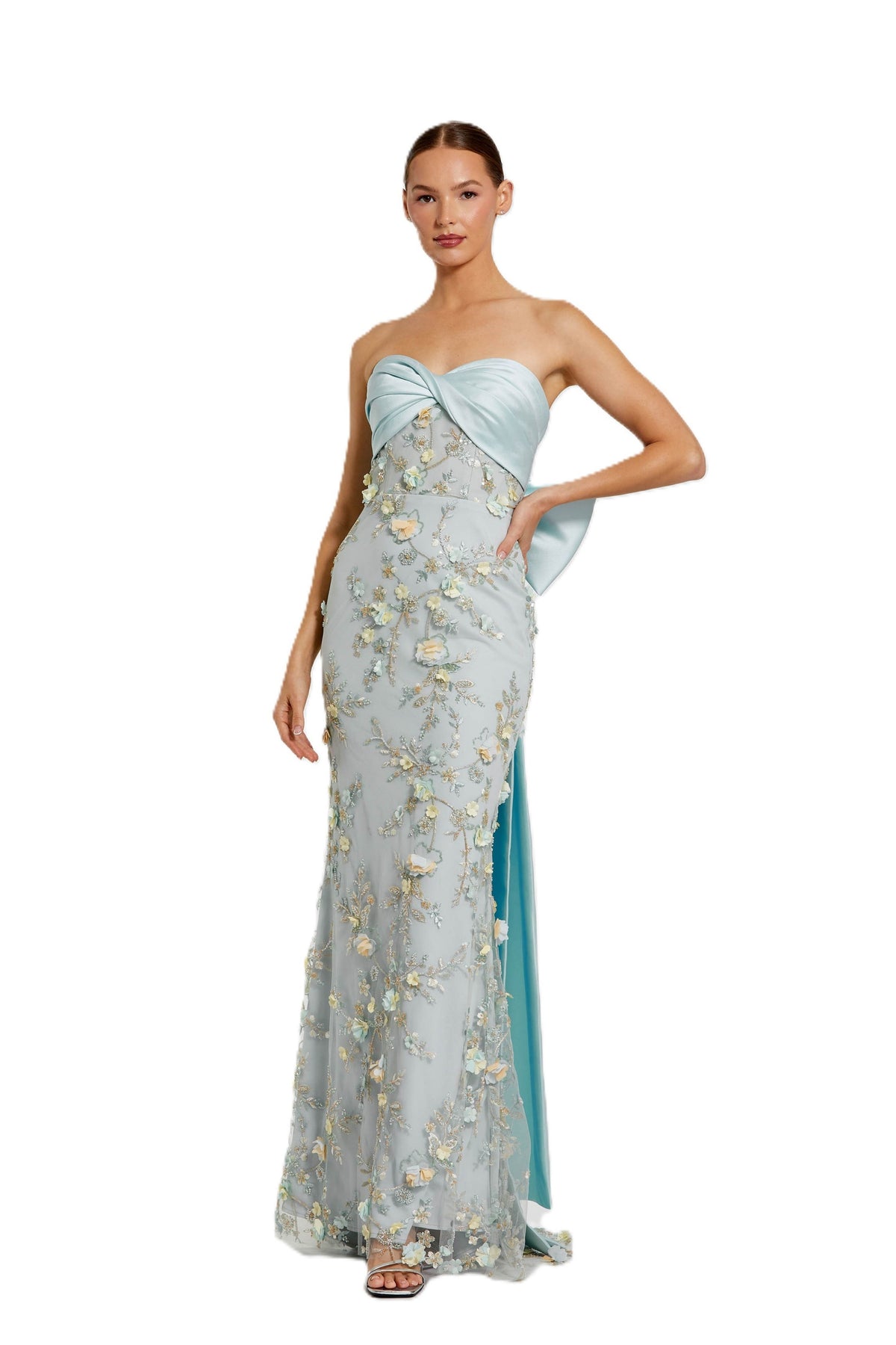Blue Strapless Gown With Bow