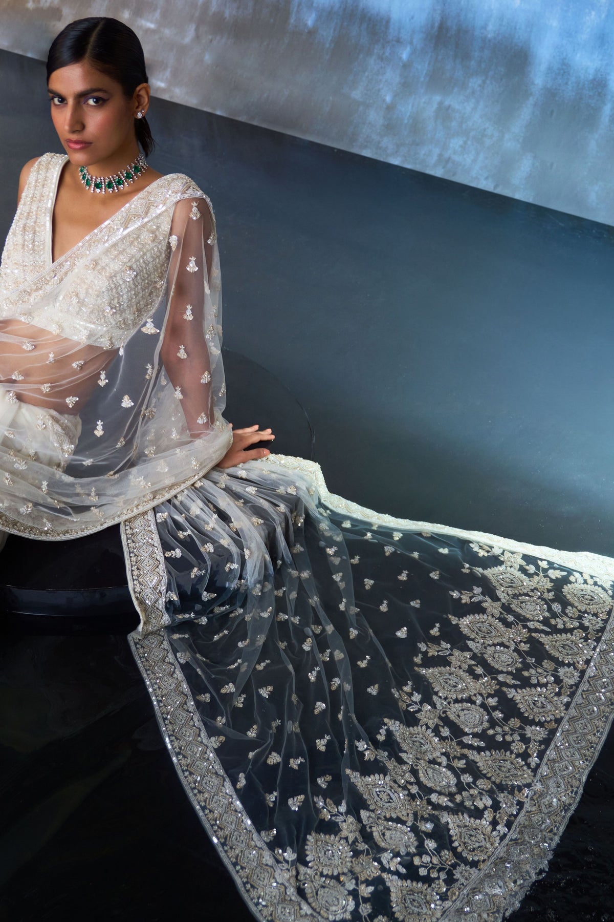 Ivory Embroidered Saree Set
