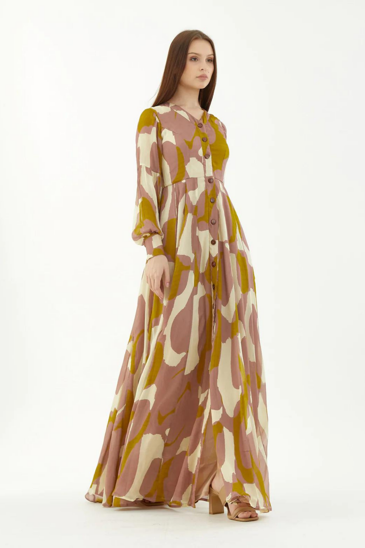Peach, Mustard And Offwhite Front Open Abstract Dress
