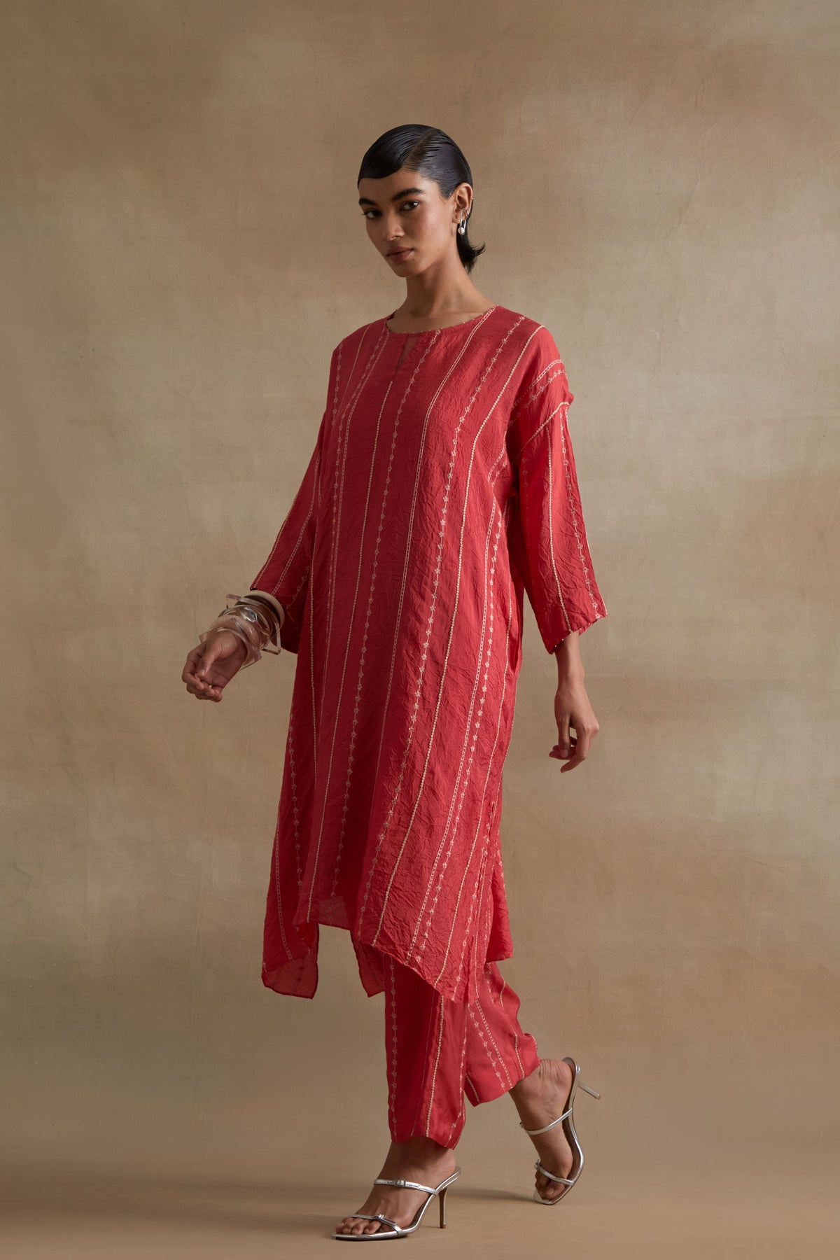 Tomato Beaded Embroidered Kurta Set