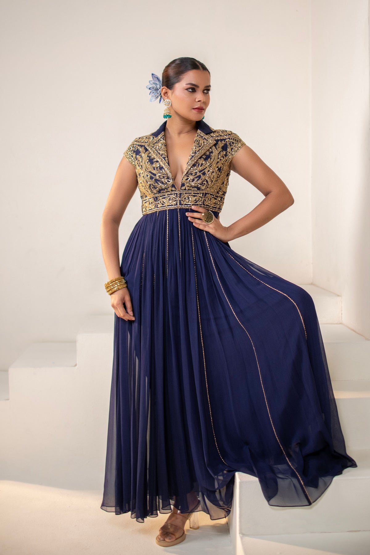 Navy Blue Lapel-Collared Anarkali