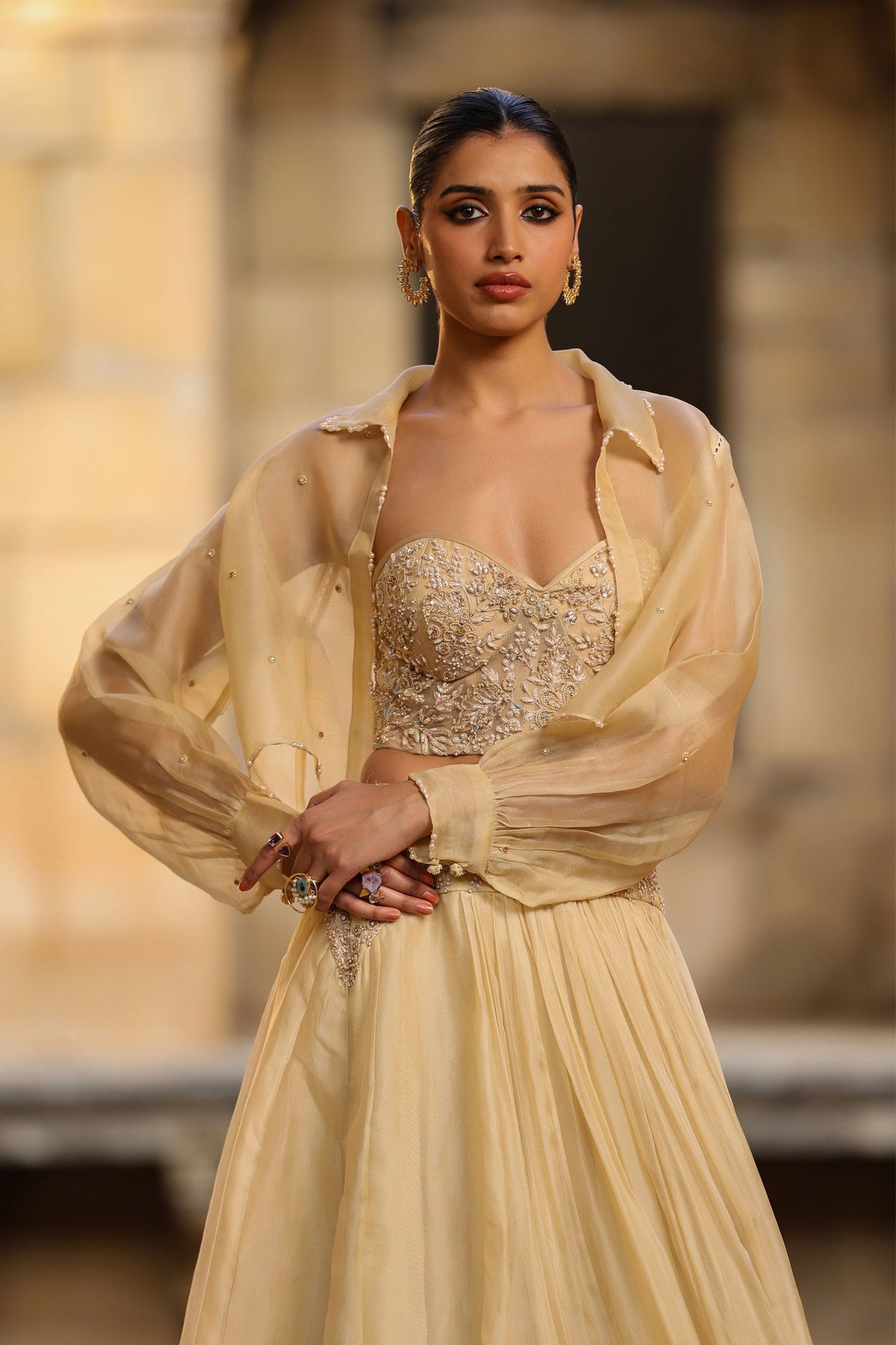 Vaayu Beige Jacket Lehenga Set
