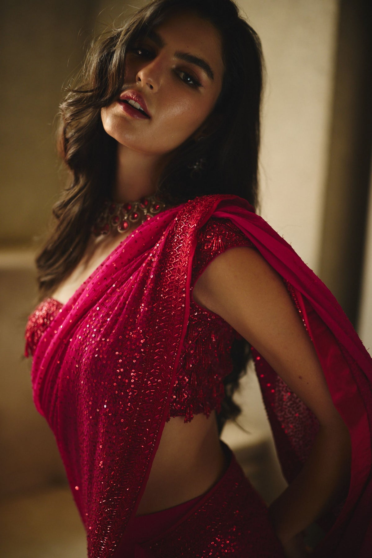 Red On Red Draped Saree Set