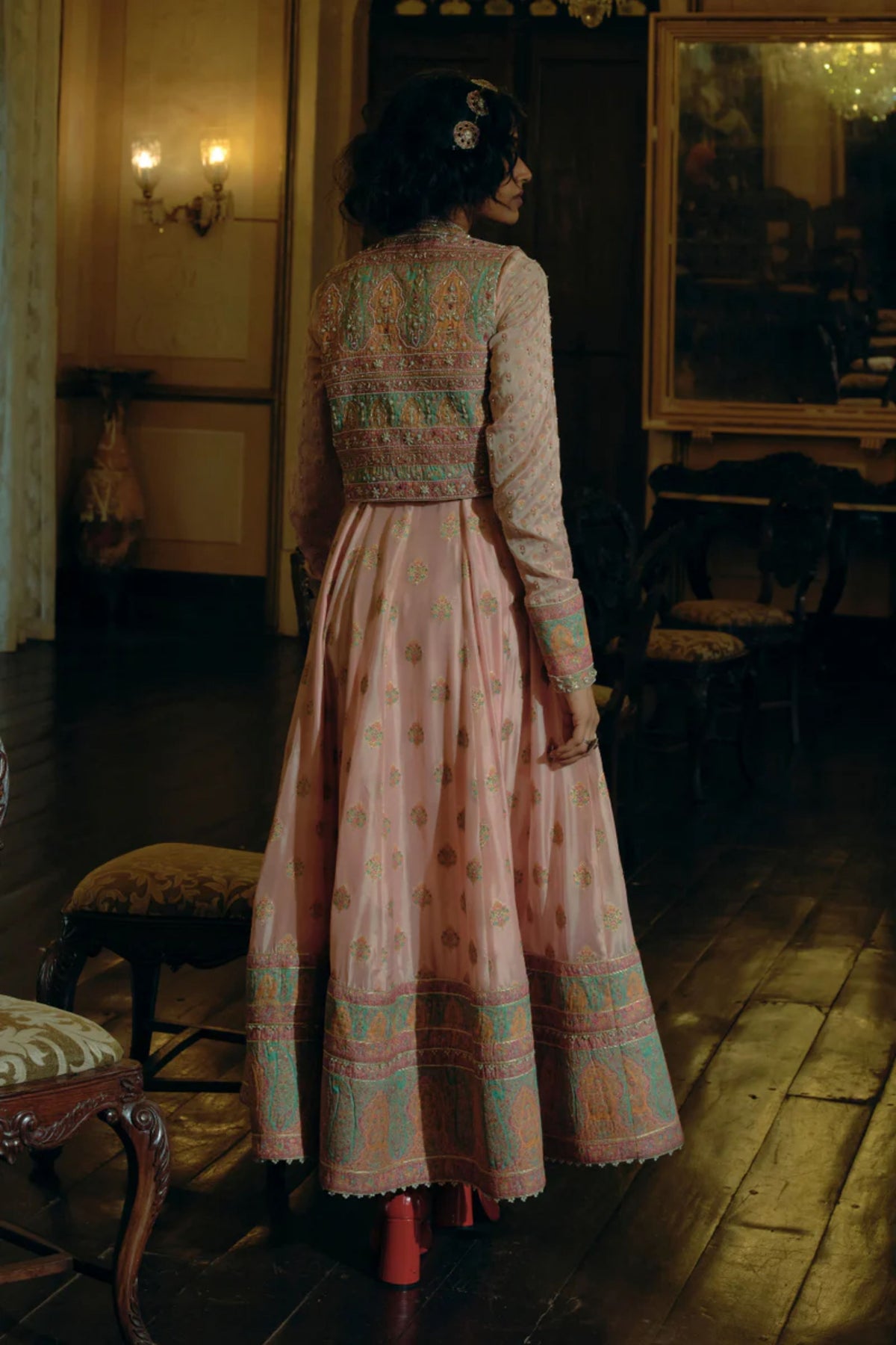 Pink Jacquard Cropped Jacket Set