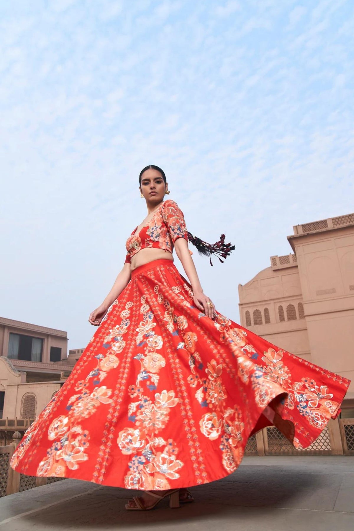 Red Moroccan Kali Wala Lehenga Set