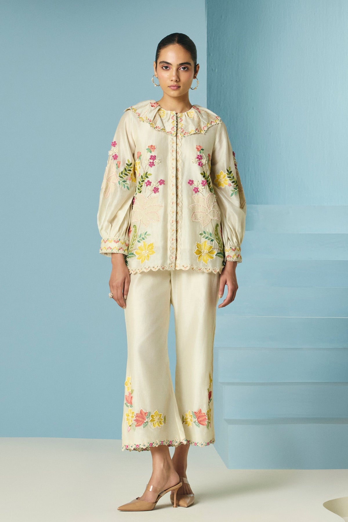 Ivory Floral Embroidered Shirt