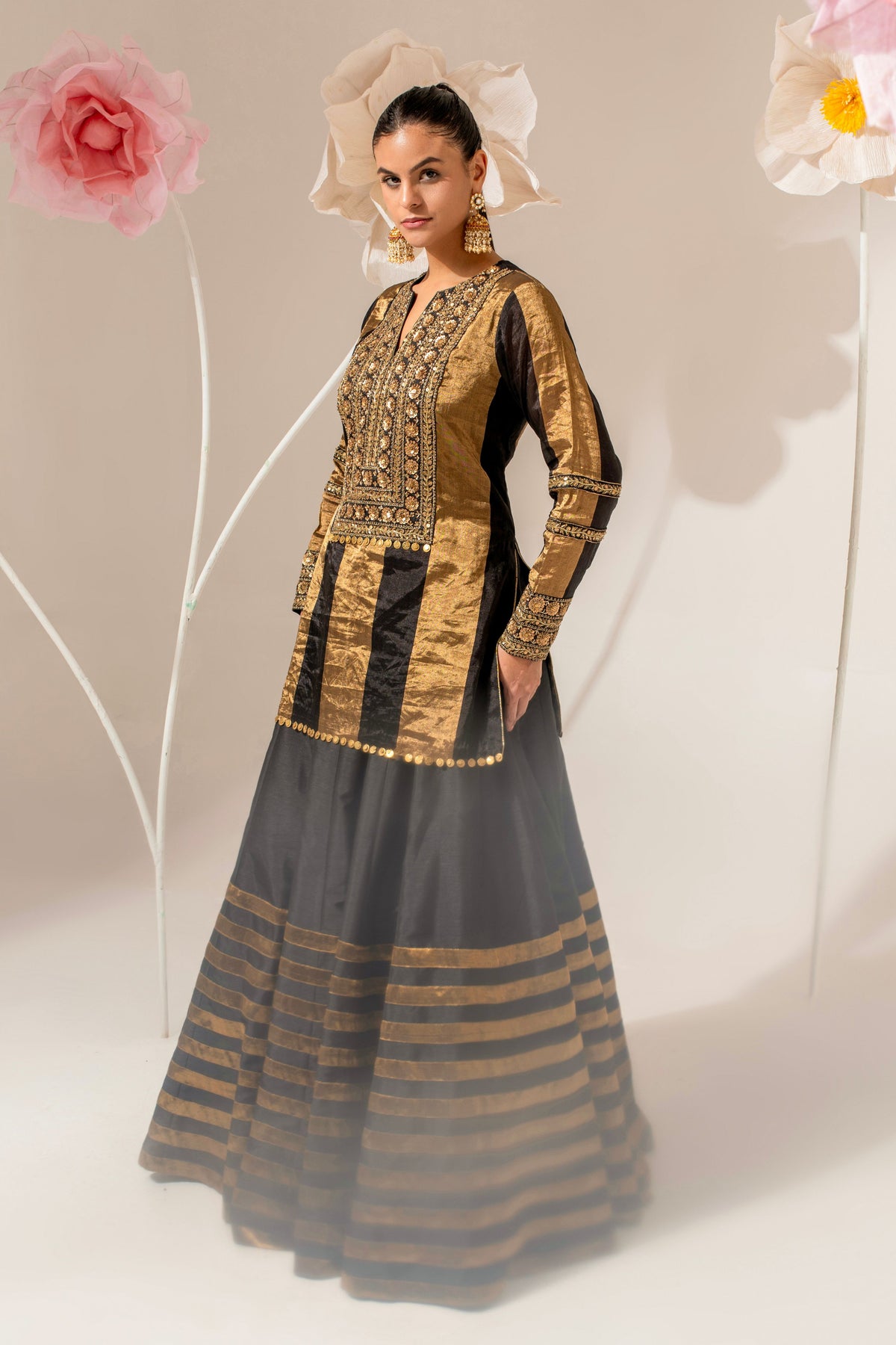 Black Embroidered Kurta Lehenga Set
