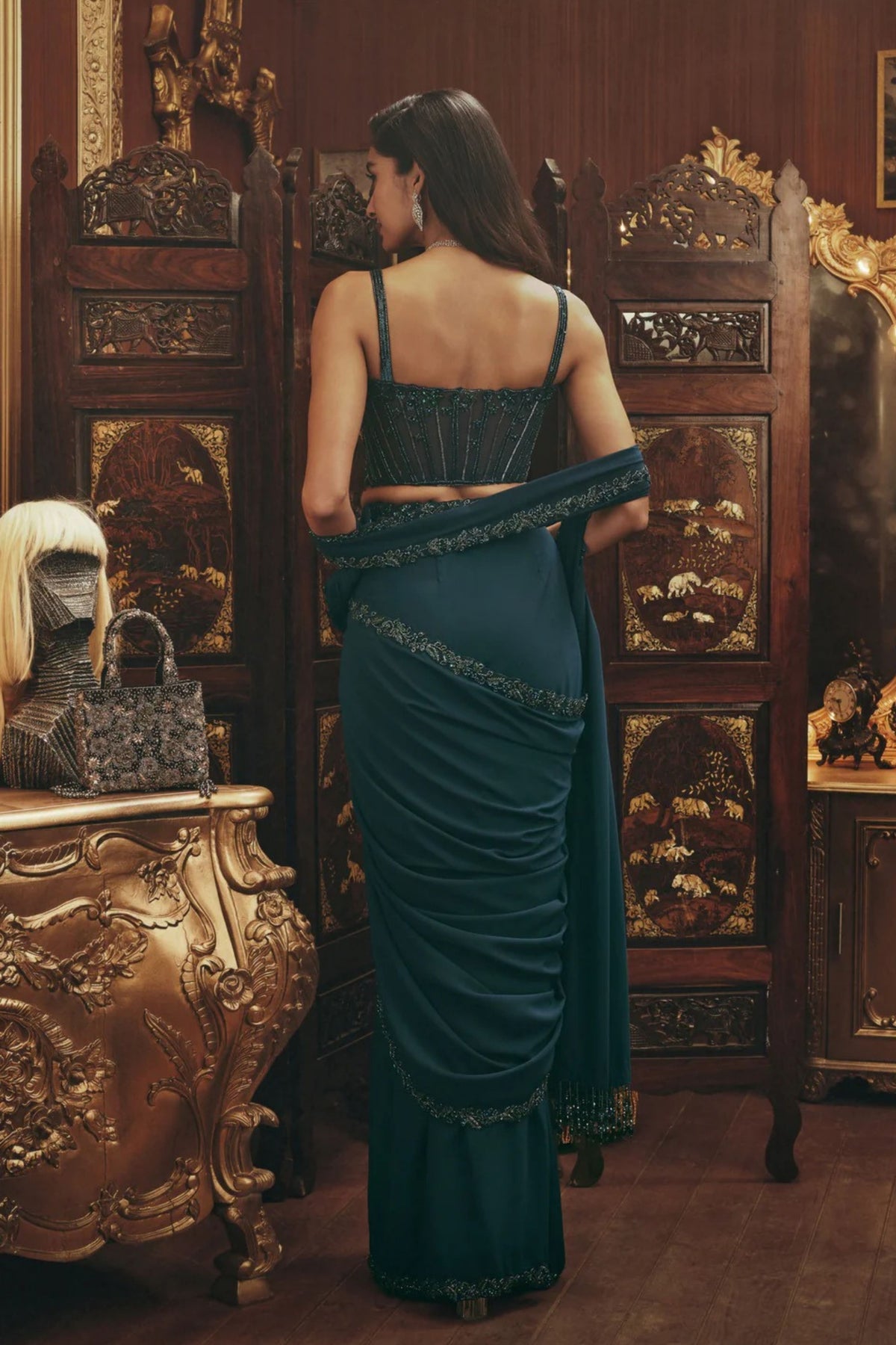 Maya Teal Draped Saree Set