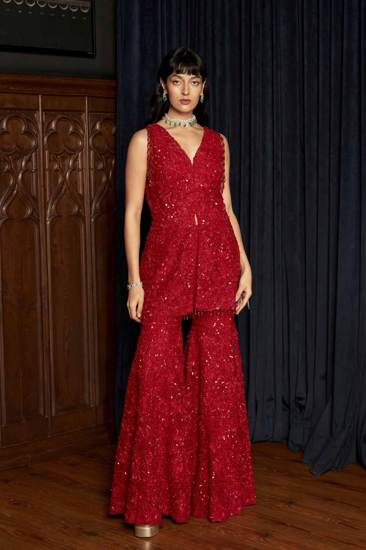 Red Embroidery Sharara Set