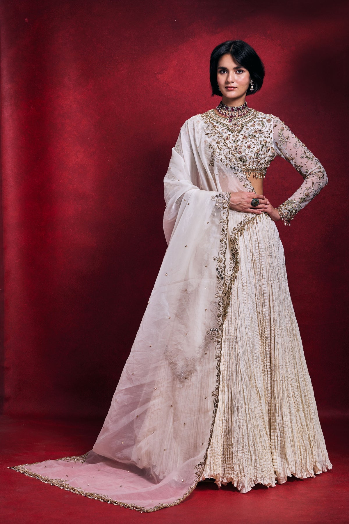 Ivory Crushed Lehenga Set