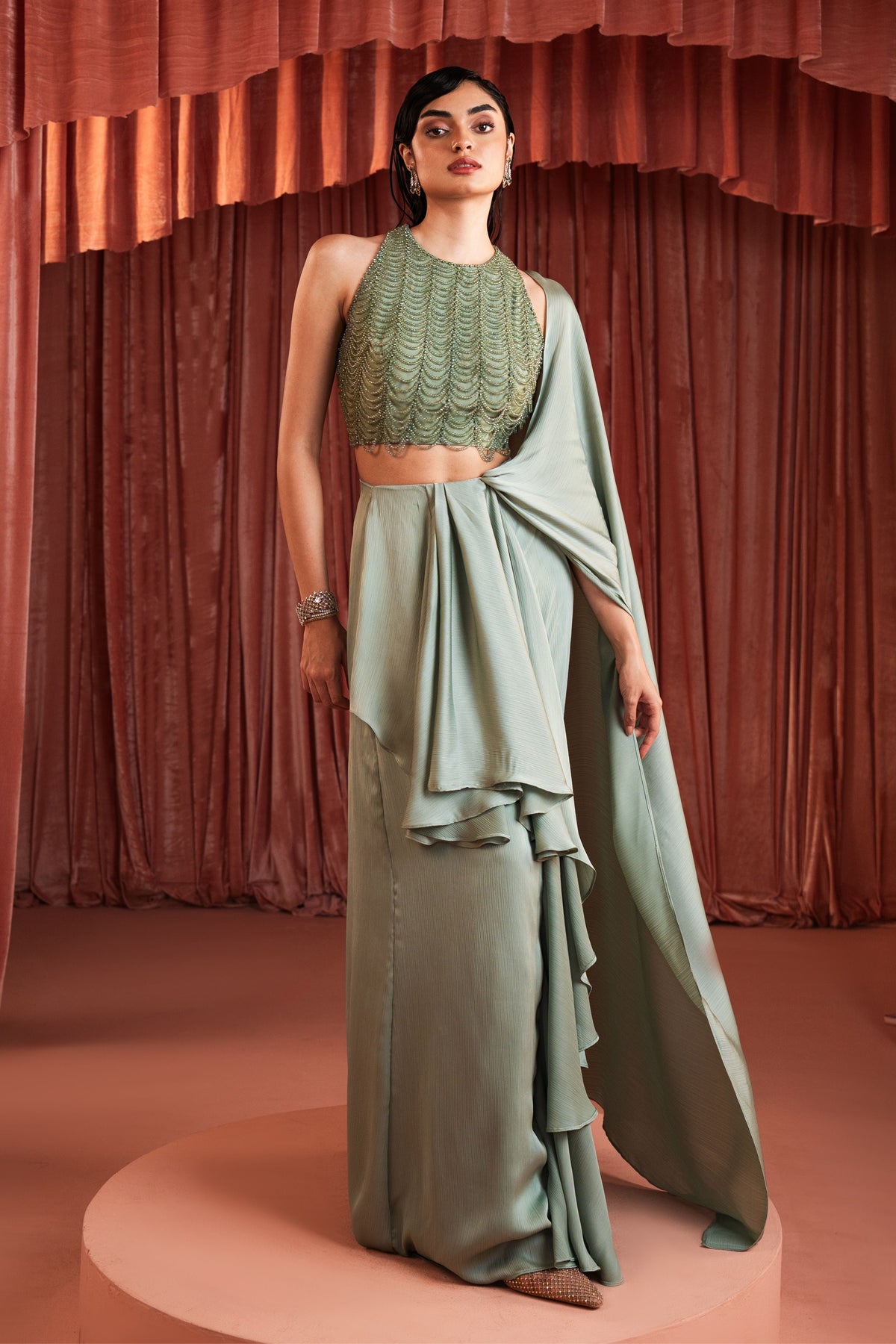 Sage Green Draped Saree Set