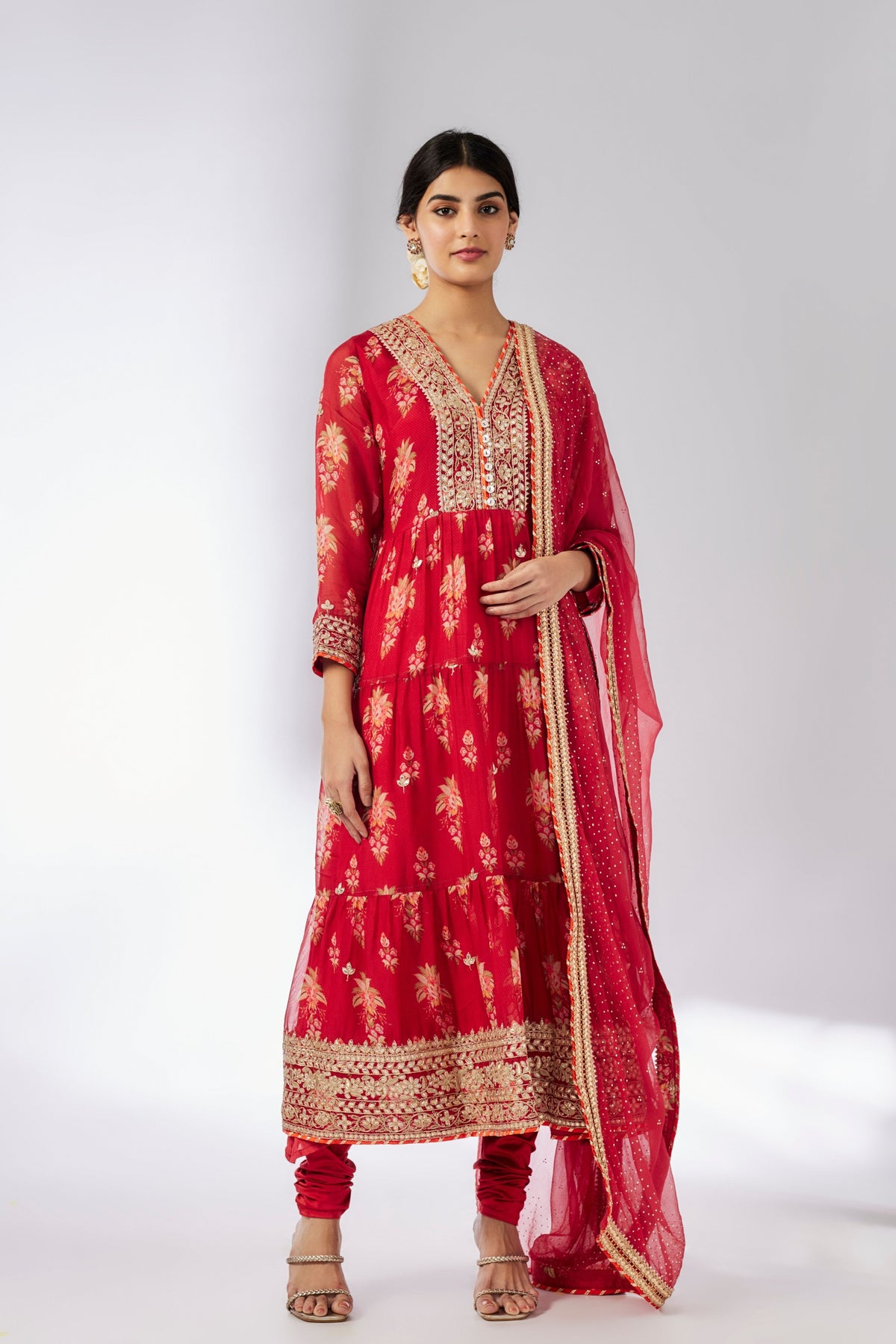 Red Joshna Tiered Kurta Set