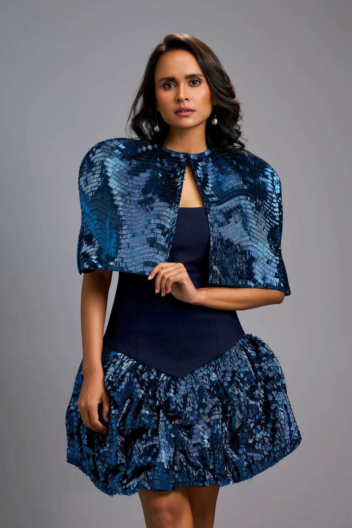 Shimmer Embroidered Navy Cape Dress