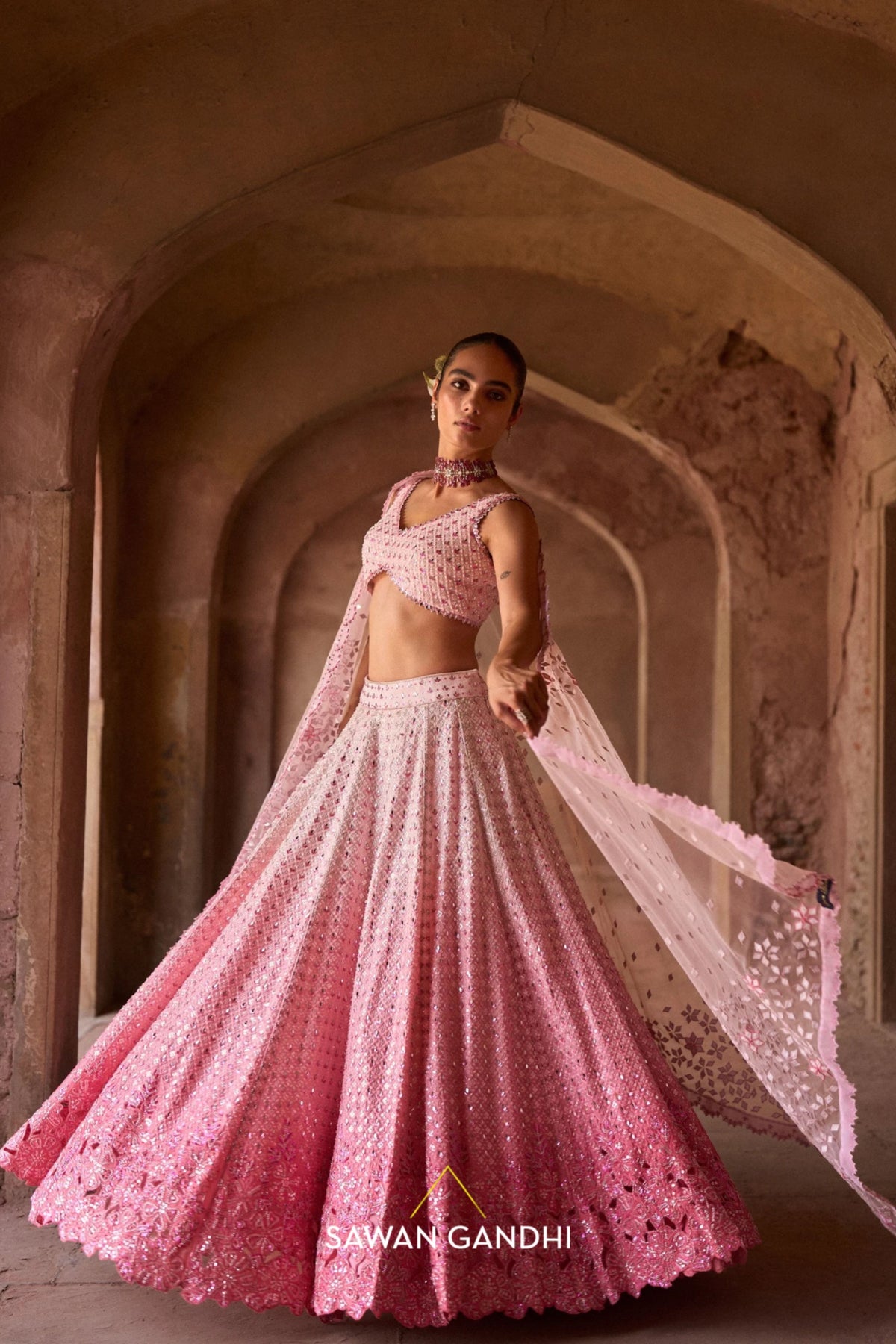 Pink Ombré Mirrorwork Lehenga Set