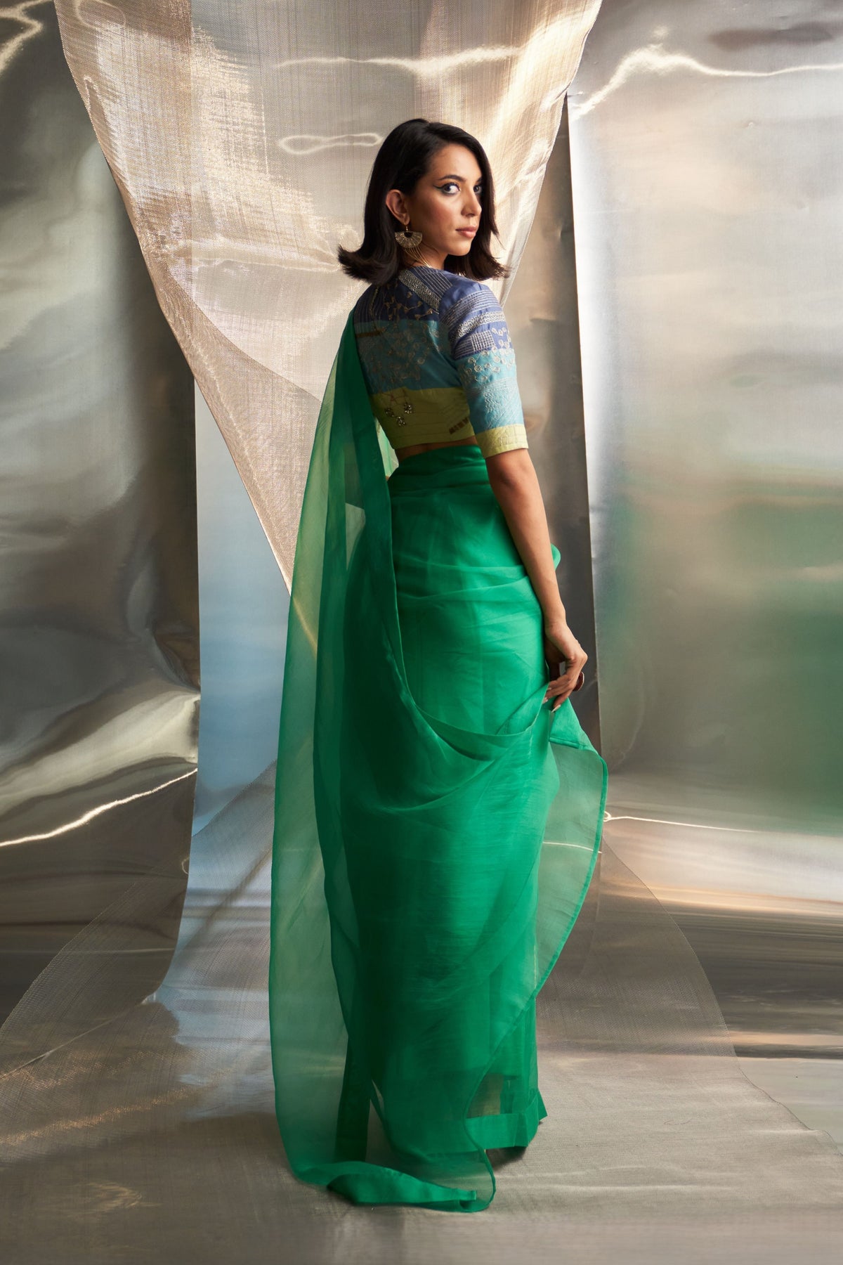 Green Saree Sleeves Blouse Set