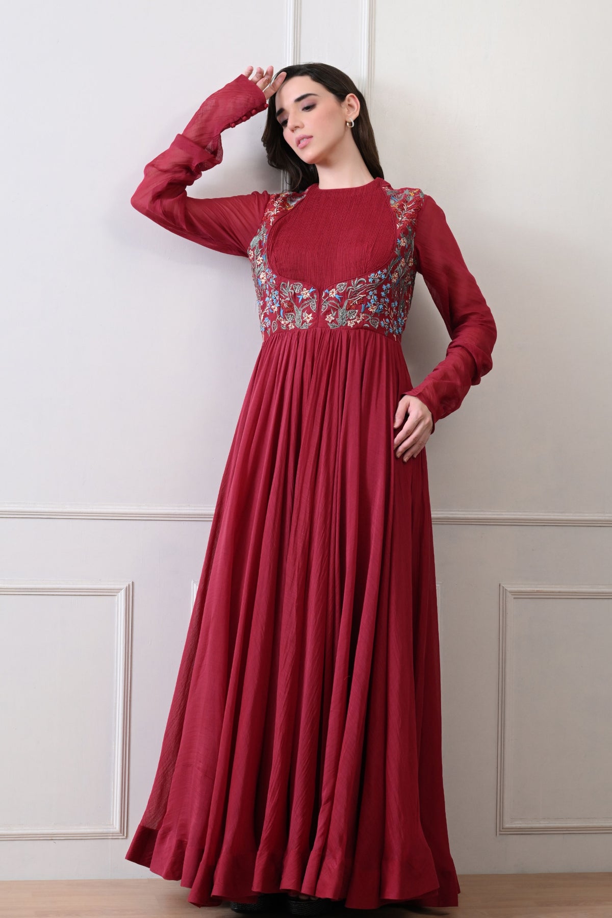 Maroon Pintuck Bodice Embroidered Anarkali