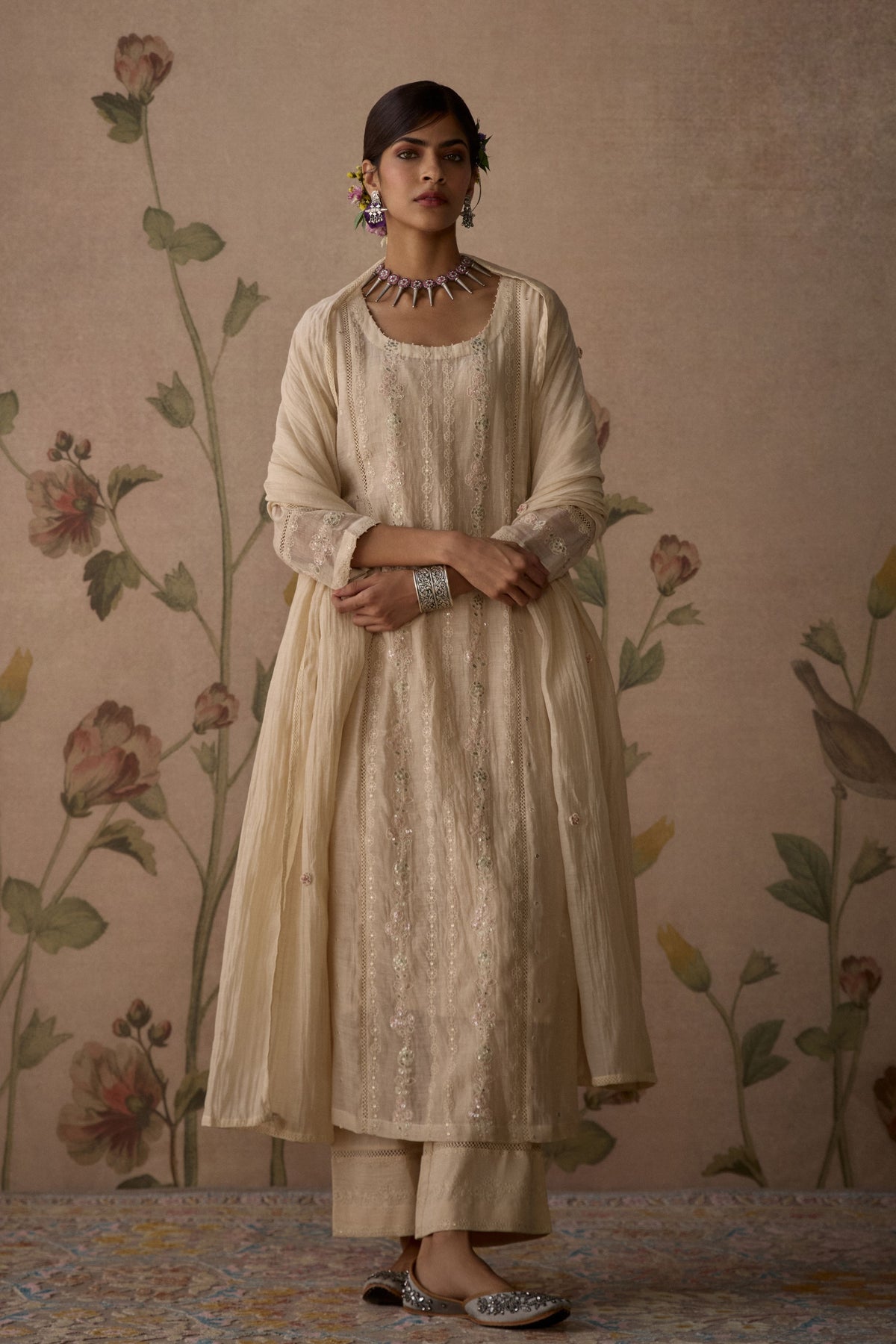 Ivory Chanderi Panelled Kurta Set