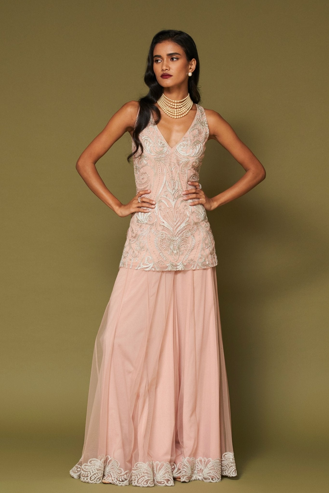 Blush Pink Embroidered Sharara Set - Devnaagri - Elahe