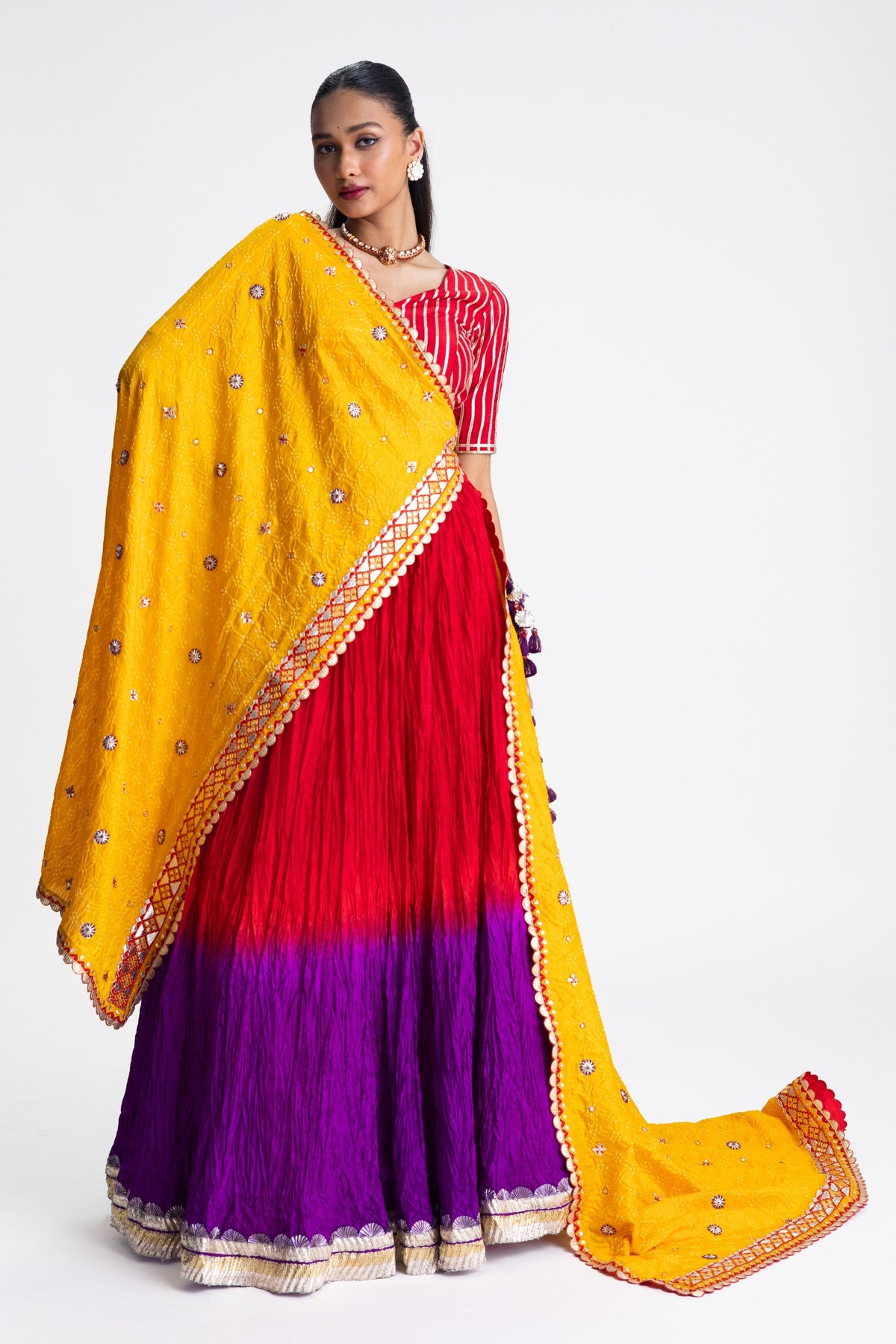 Red Purple Crushed Lehenga
