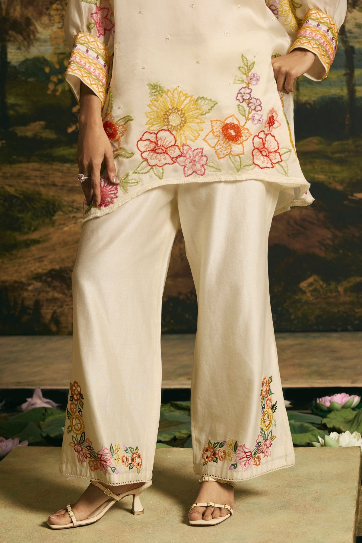 Ivory Floral Silk Tunic Set