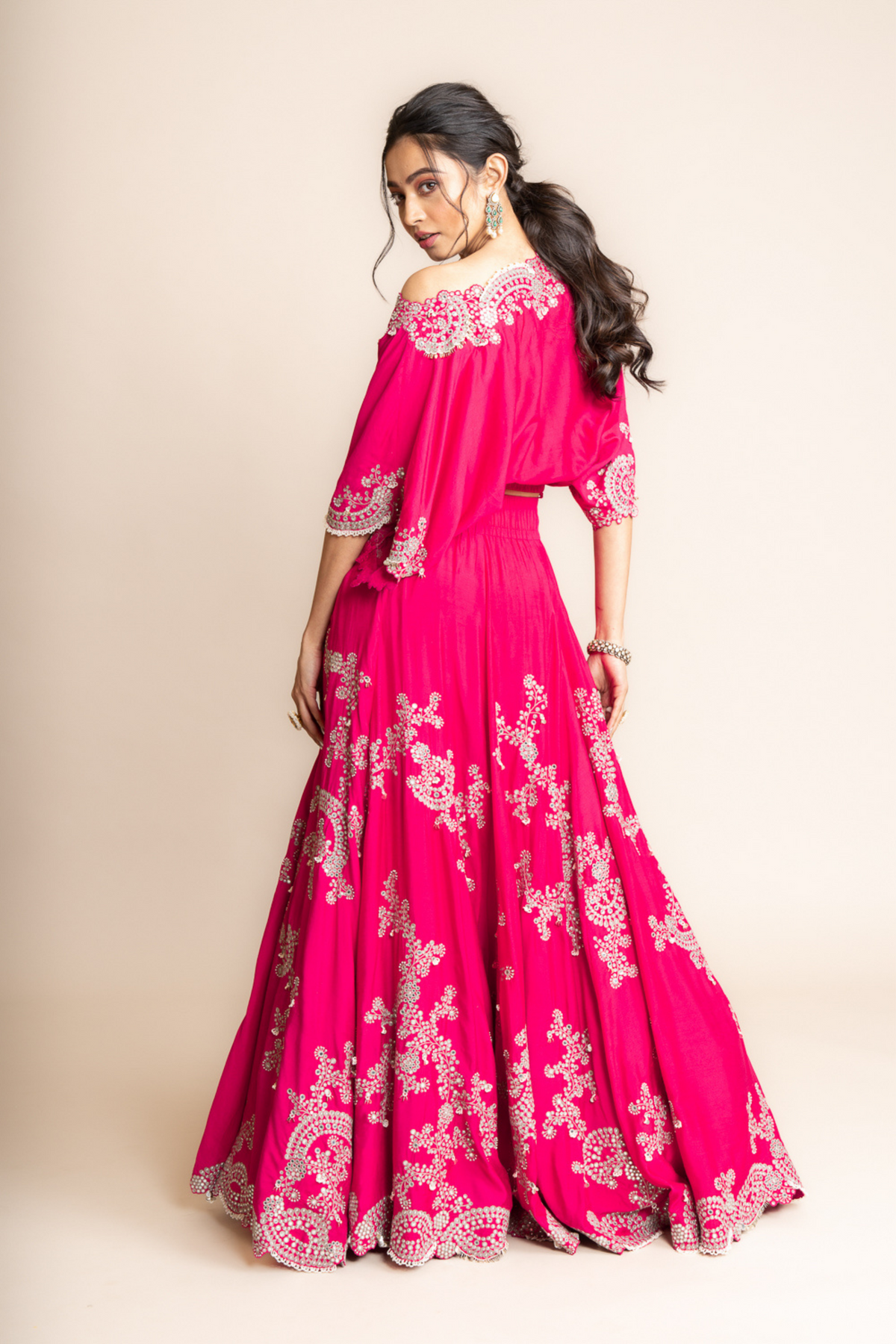 Off-shoulder Top &amp; Lehenga Setin Fuchsia