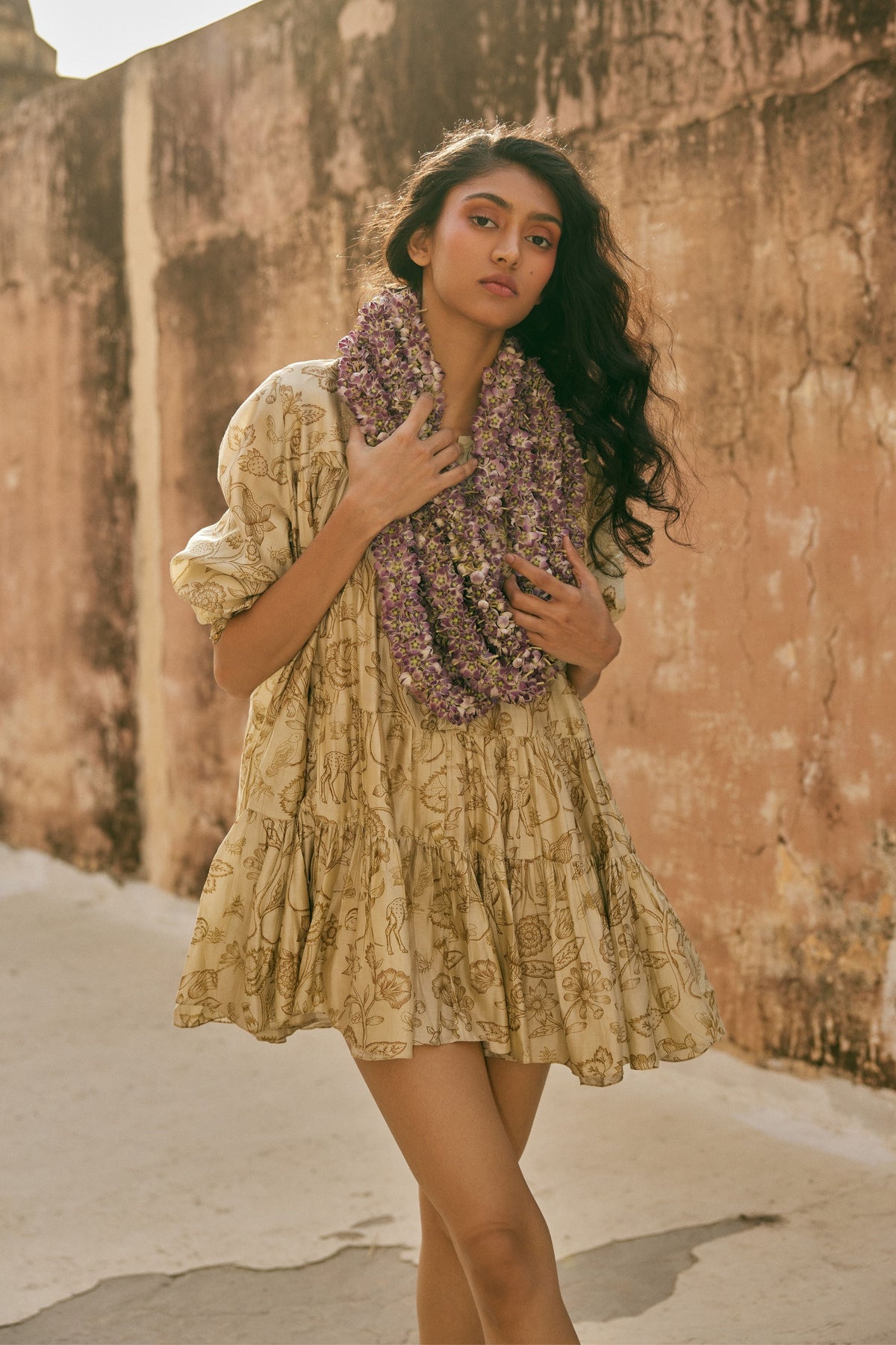 Ivory Deer Printed Short Dress