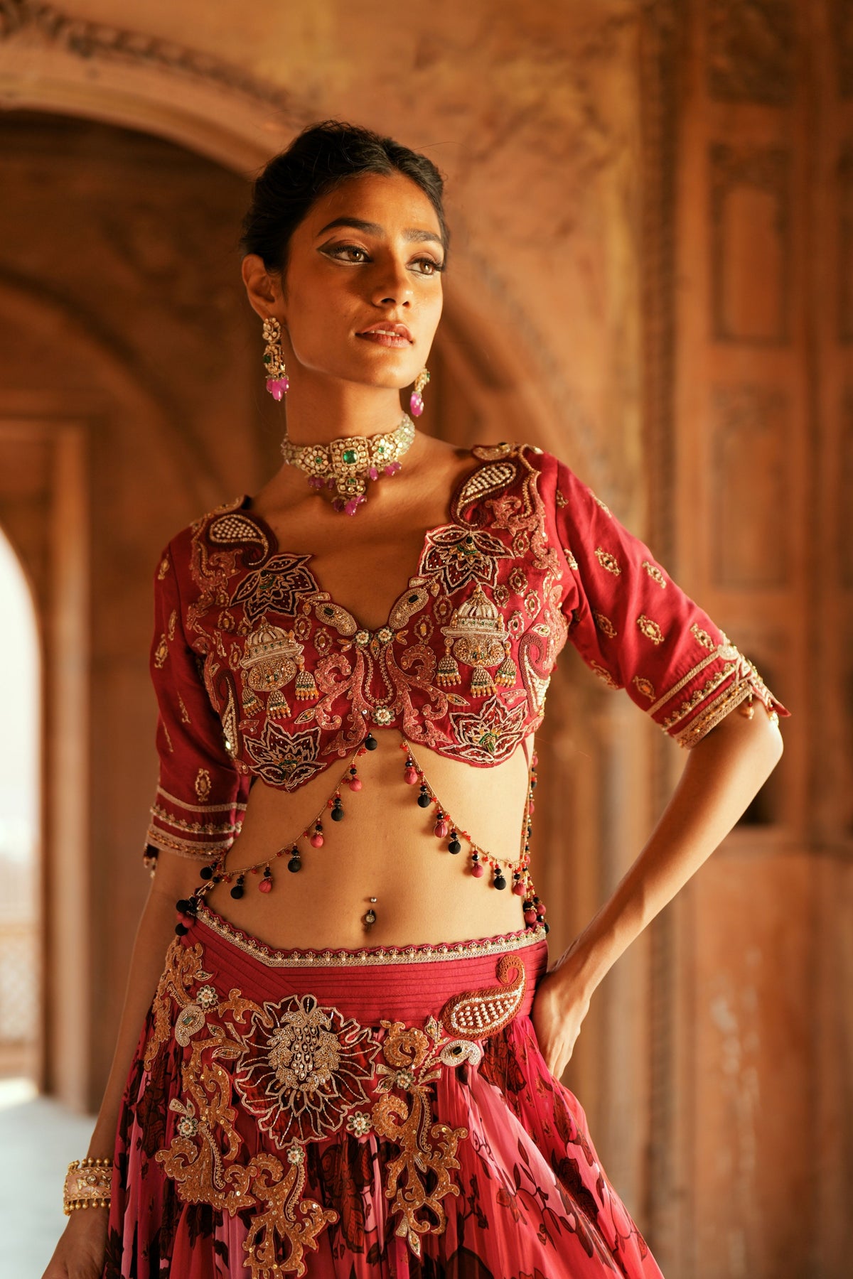 Pink Floral Organza Lehenga Set