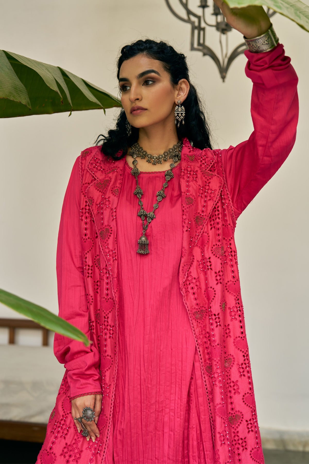 Fuschia Heart Cutwork Jacket Set
