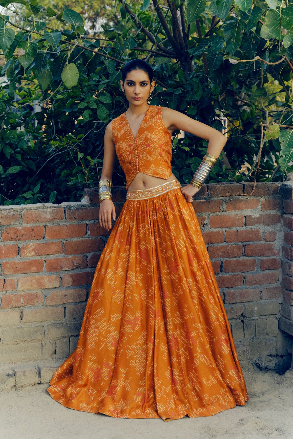 Ochre Print Lehenga Set