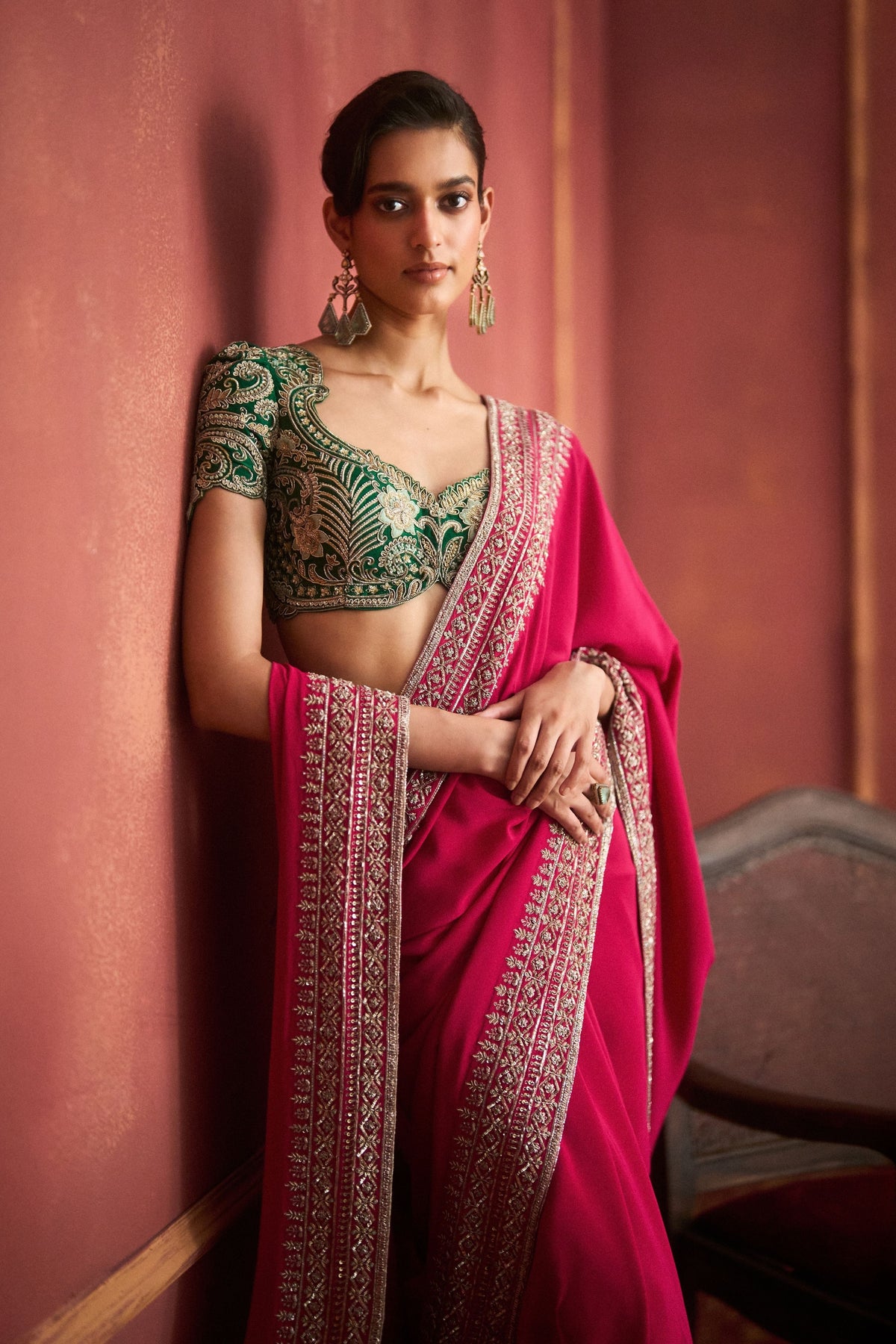Pink Embroidered Saree Set