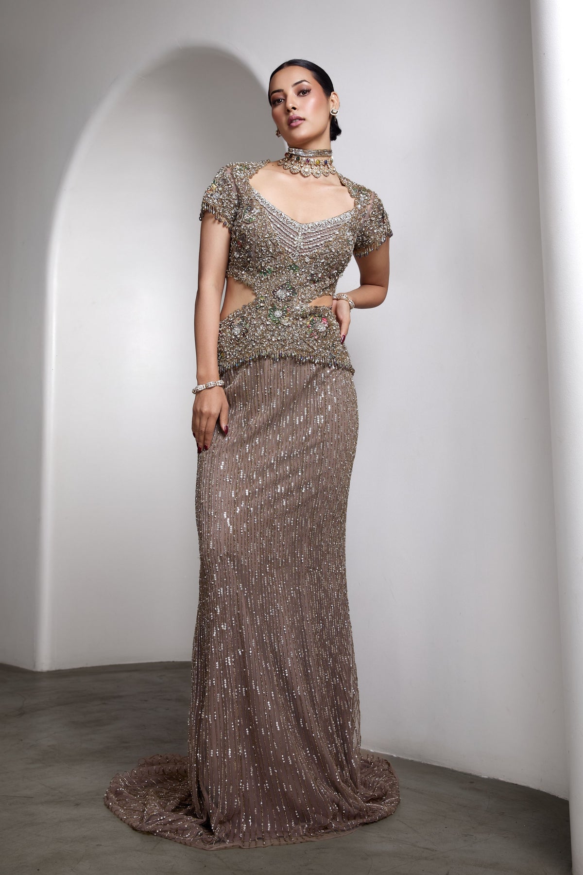 Nude Sequin Embellished Gown
