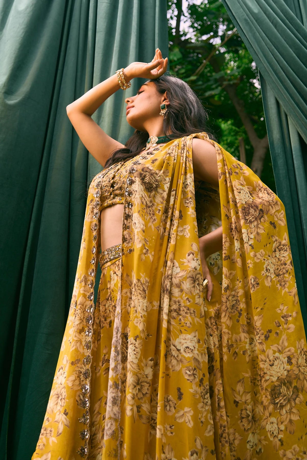 Mustard Floral Cape Set