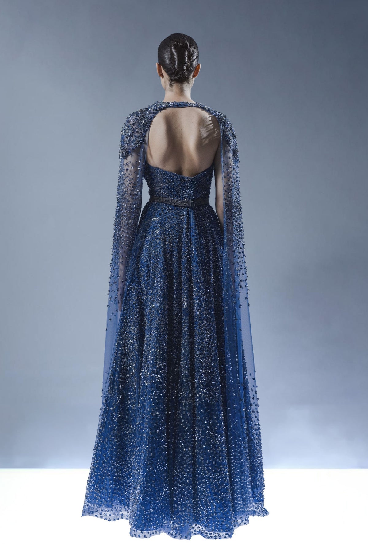 Royal Sapphire Embellished Gown with Cape