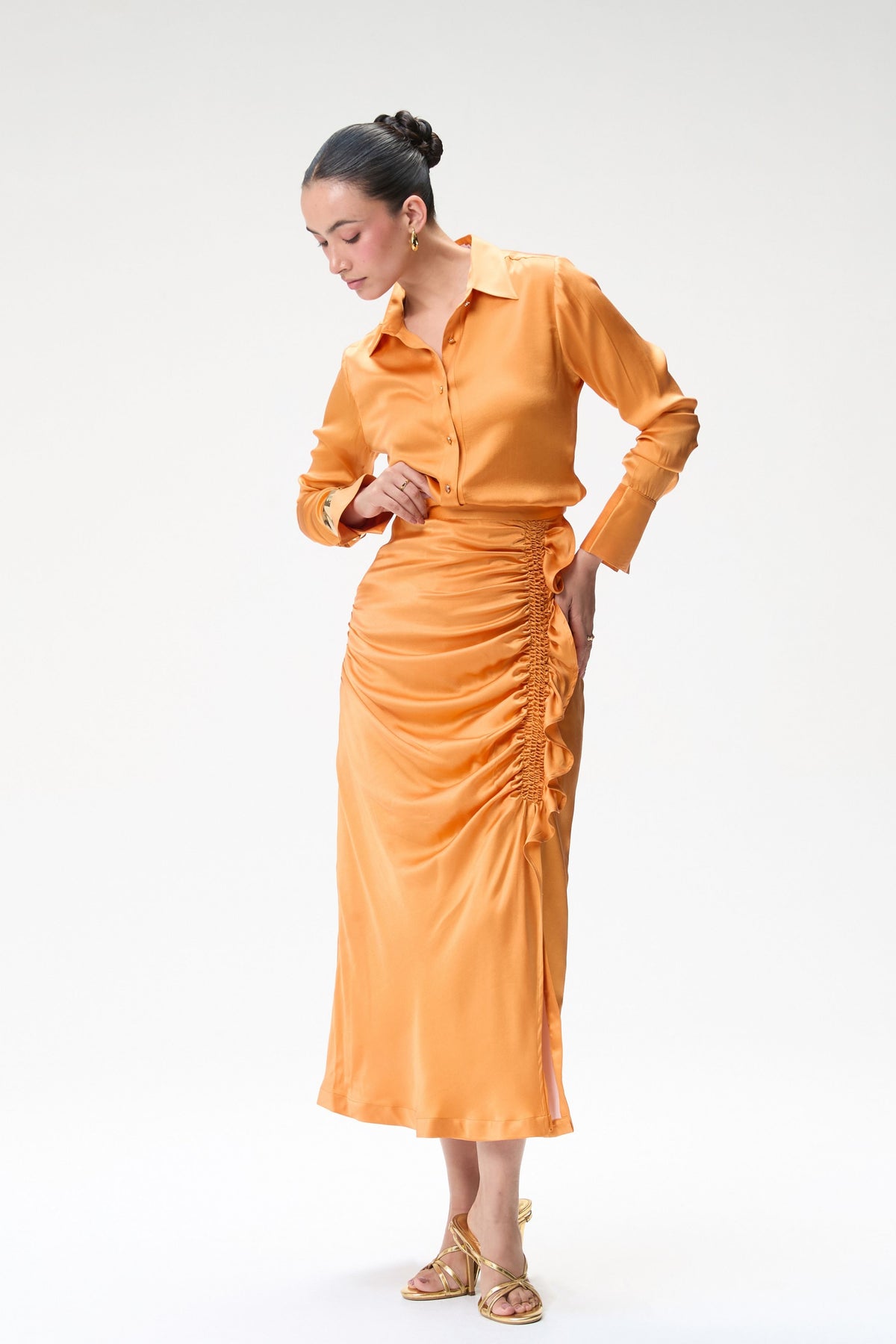 Coral Side Ruched Silk Skirt