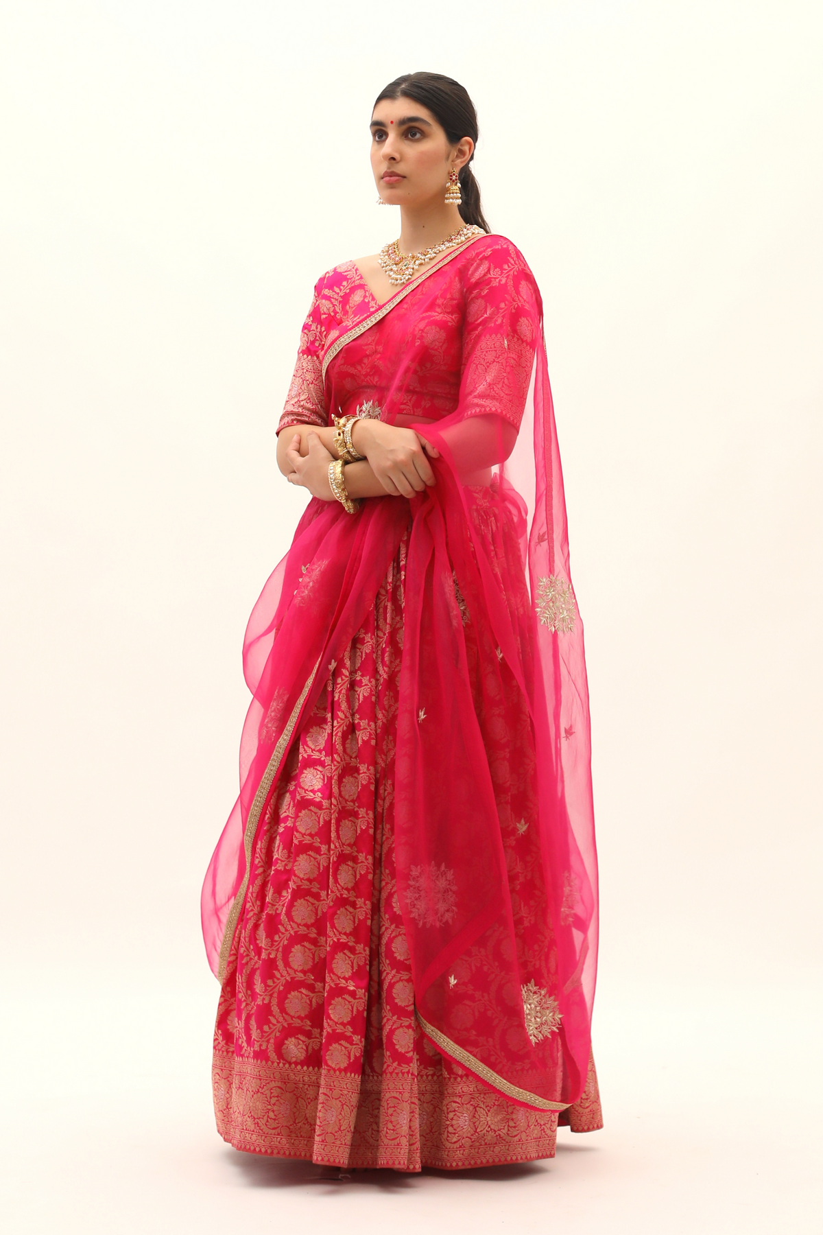 Pink Border Brocade Lehenga Set