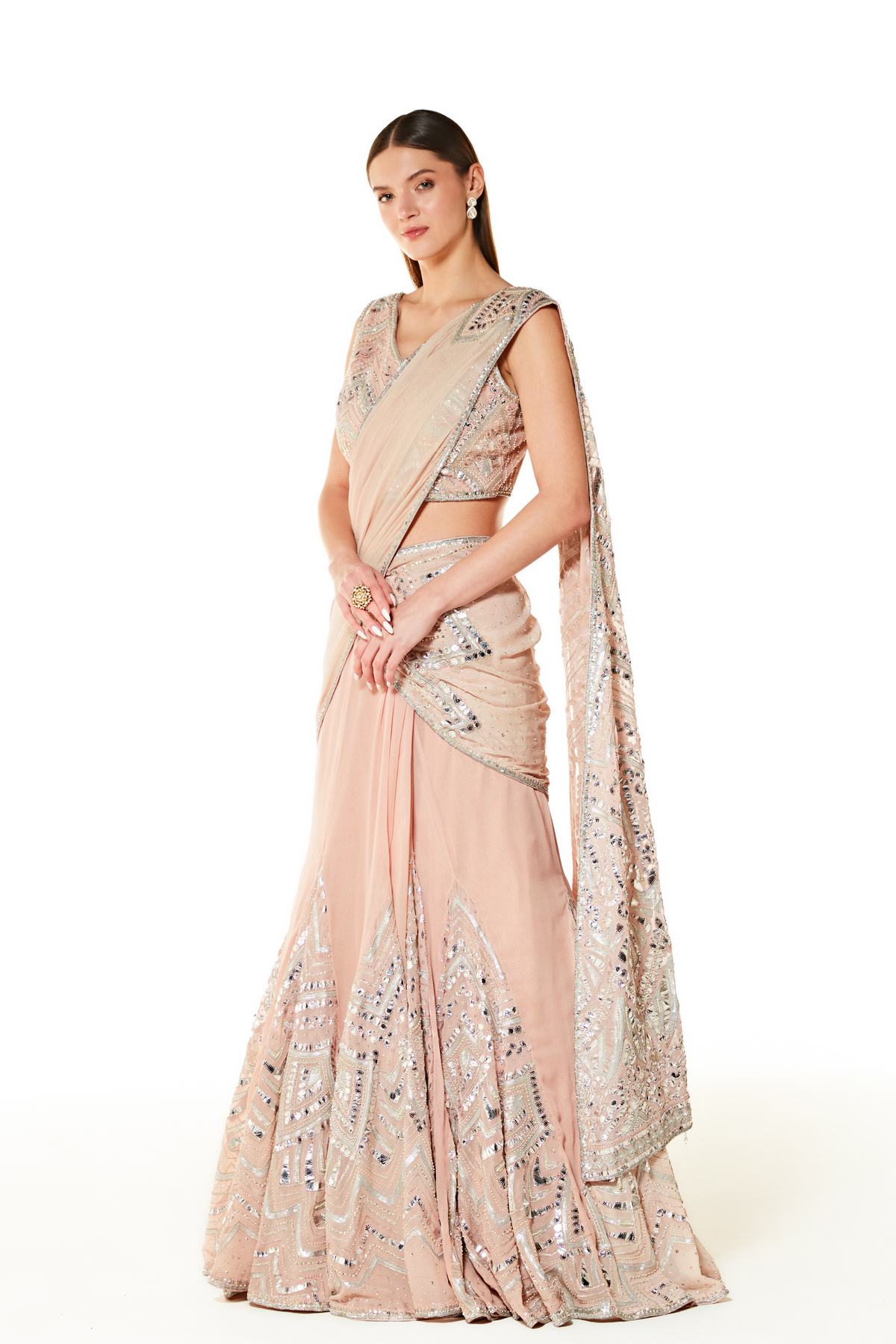 Peach Adha Embroidered Lehenga Saree Set