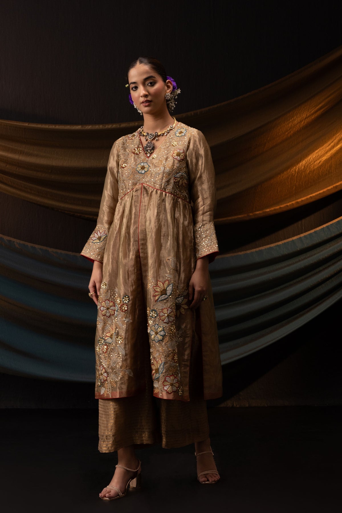 Gold Front Slit Kurta Set