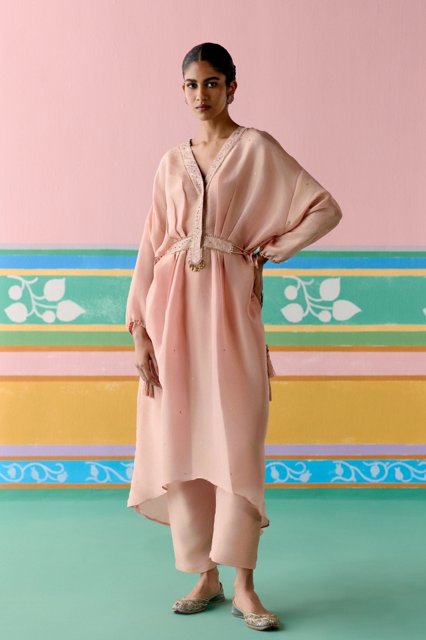 Peach Embroidered Long Kaftan Set - Label Mogra - Elahe