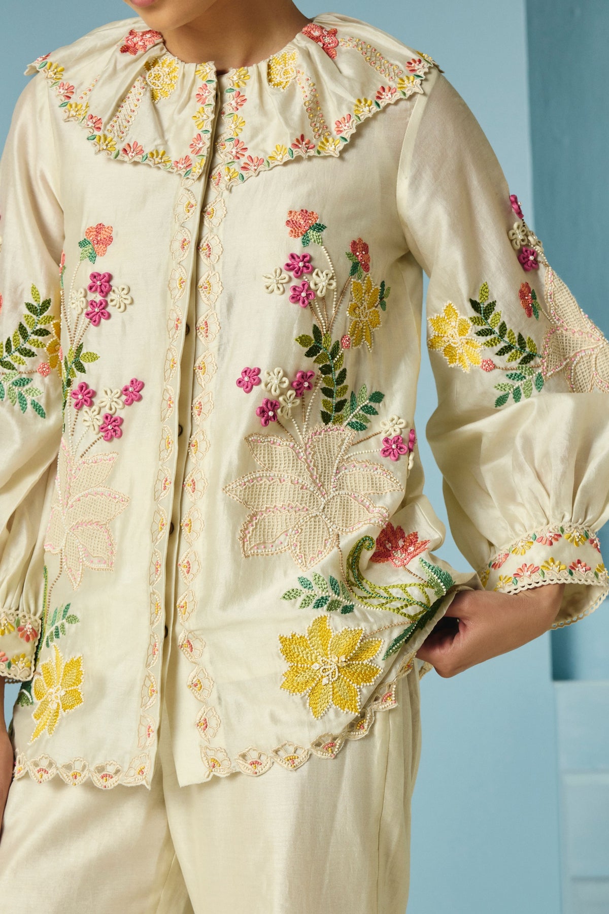 Ivory Floral Embroidered Shirt