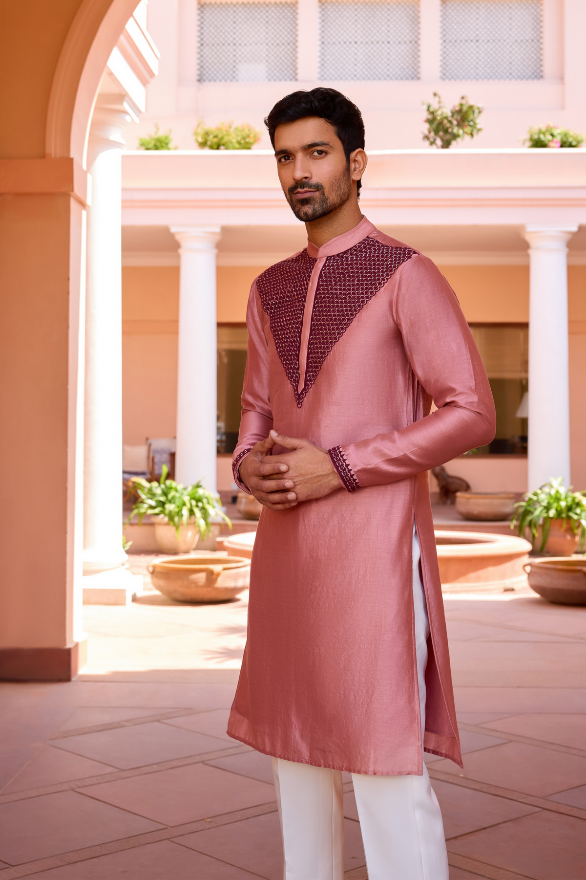 Cameo  pink  dori and hand embroidered kurta
