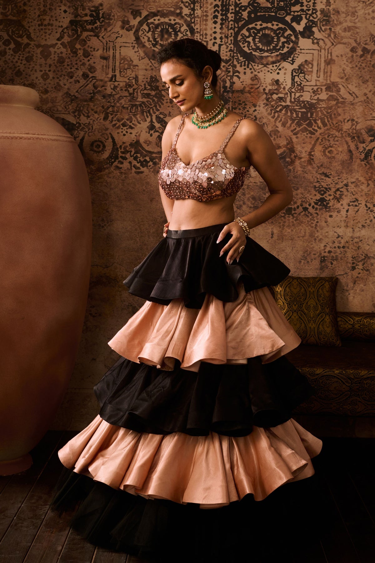 Rose Gold Embroidered Blouse With Layerd Skirt