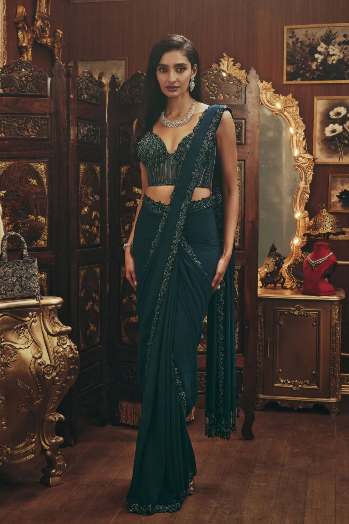 Maya Teal Draped Saree Set